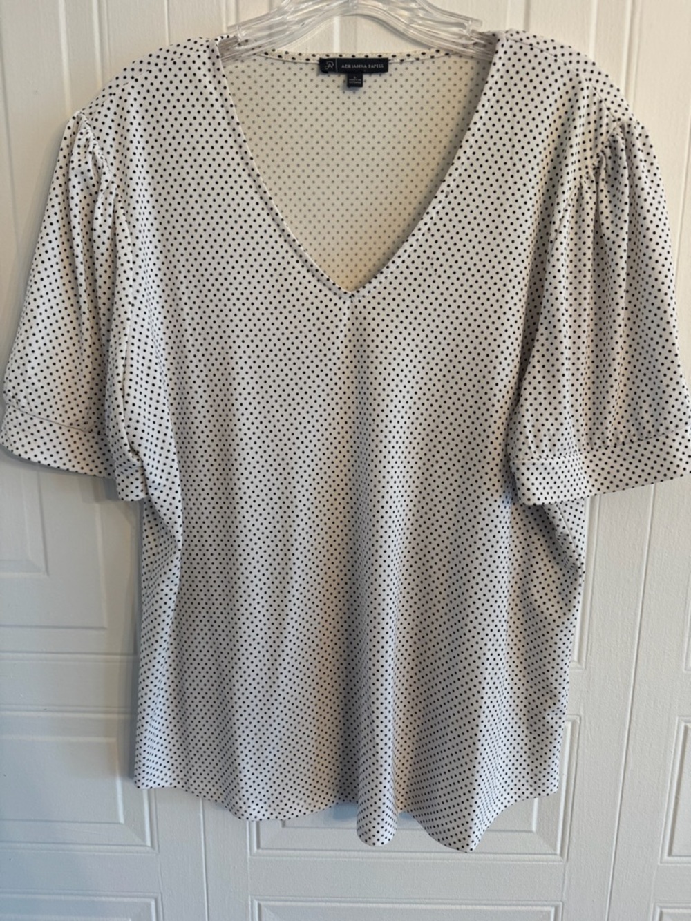 Adrianna Papell White V-Neck Polka Dot Puff Sleeve Blouse Size Large